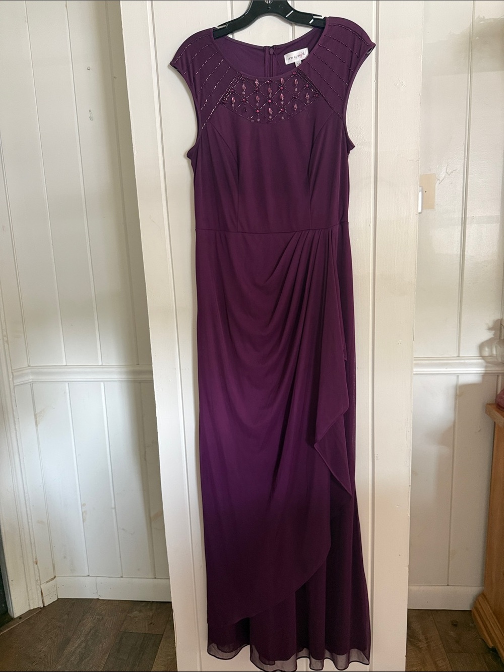 One By Eight Beaded Cap-Sleeve Maxi Dress in Plum